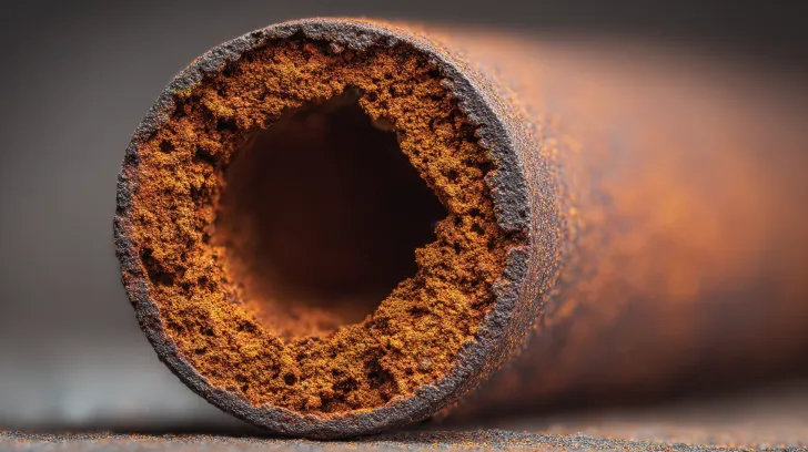 A cut section of cast iron drain pipe with heavy internal corrosion