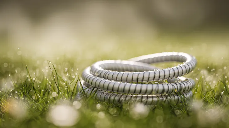 A coiled steel drain-cleaning cable on grass beside an open cleanout