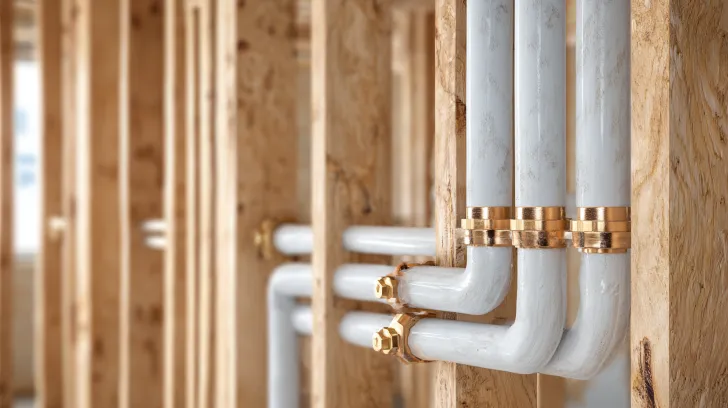 New water supply lines running through bored holes in wall studs