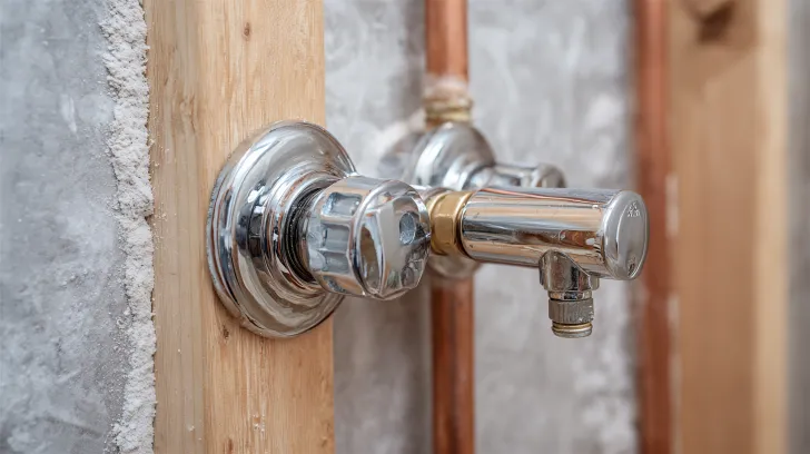 A shower mixing valve plumbed between studs in an open wall