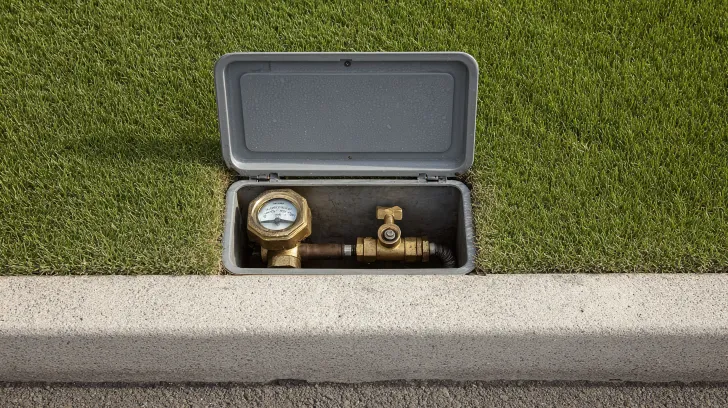 An open water meter box set into grass, with the meter visible inside